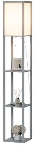PULUOMIS Floor Lamp with Shelves, 3 Layers Wooden Shelf Standing Light, Modern Reading Lamp for Bedroom, Living Room, Office, Home Decoration (Size:26x 26x 160 cm) (Without Bulb)-Grey