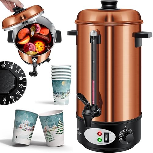 KESSER® Glühweinkessel 8L Edelstahl Inkl. 10x Becher Glühweinkocher mit Thermostat Glühweinautomat Heißgetränkeautomat Wasserkocher Heißwasserspender Einkochautomat Füllstandanzeige Zapfhahn Kupfer