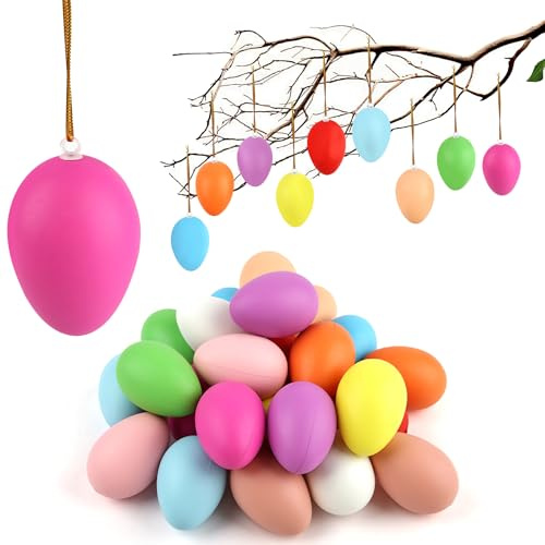 Deepton 24 Stück Ostereier Plastik, Deko Eier zum Aufhängen, Bunte Ostereier für Draußen, Osterdekoration zum Aufhängen mit 24 Schlüsselbändern für Ostergeschenke für Kinder