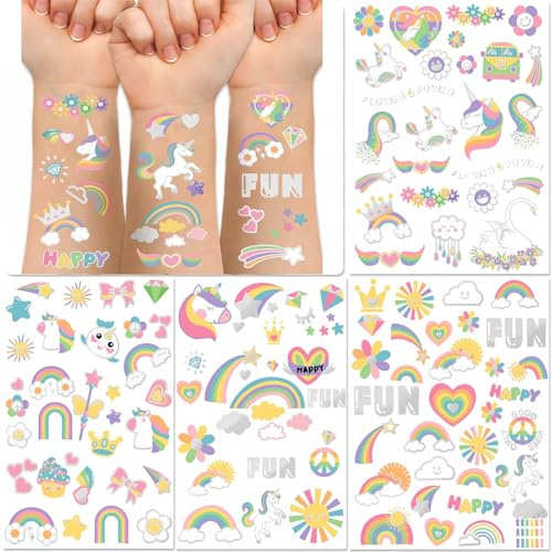 JchEnye Tatouages licornes pour enfants, 118+ tatouages pour filles, tatouages autocollants imperméables pour enfants, packs d'anniversaire licorne, cadeaux licornes pour filles.