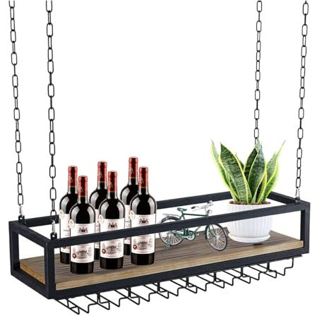 GODFSAHG Supporto per Piante sospese - Portabottiglie da soffitto，espositore da soffitto sospeso，mensole galleggianti a Barra a Strato Singolo，portabicchieri da Vino in Legno massello di