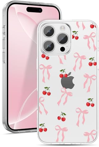 ZTOFERA Clear Case with Bows Pattern for iPhone 16 Pro, Cherry | 6.3-Inch, Cute Cherry & Ribbon Bowknot Design, Soft Flexible TPU, Shockproof Protective Cover, for Women Girls