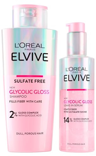 L'Oréal Paris Elvive Glycolic Gloss Champú Pelo Iluminador con Ácido Glicólico 200ml + Sérum sin Aclarado para Cabellos Porosos y Apagados Brillo Intenso y Duradero 150ml - 2 Frascos