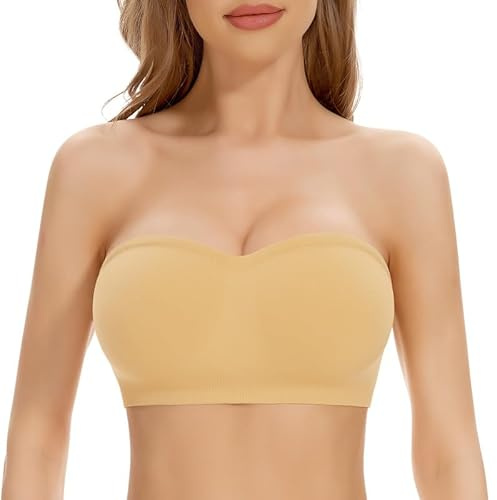 Jiuday Reggiseno senza spalline push up a fascia, senza spalline, imbottito, senza spalline con spalline in silicone antiscivolo, spalline trasparenti, beige., XXL
