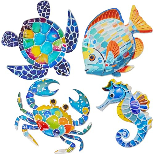 FaloStwer Metal Beach Wall Decor Art, 3D Colorful Sea Turtle Fish Crab Seahorse Outdoor Sculptures, UV Printed Ocean Theme Wall Art for Home & Garden Décor (Beach, Blue)