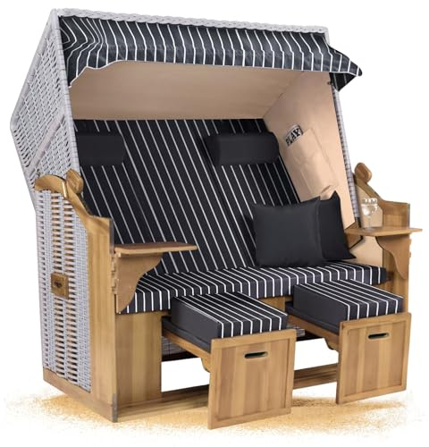 Strandkorb Hanse Ostsee XXL 2,5 Sitzer Volllieger Weiß 150cm breit, ideal für Garten, Terrasse und Balkon (Grau Weiß Nadelstreifen, Zerlegt)