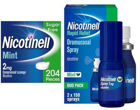 Nicotinell Dual Support Bundle: Nicotinell Lozenge 2mg (204 Lozenges) + Nicotinell Nicotine Mouth Spray 1mg (2x150 Sprays), Fast Craving Relief, Quit Vaping & Stop Smoking Aid, Fresh Mint Flavour | Nicotinell Dual Support Bundle, Fast Craving Relief, Quit Vaping & Stop Smoking Aid, Fresh Mint Flavour