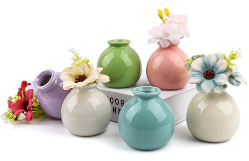 Set di 6 vasi in ceramica e fiori artificiali, set di vasi colorati per la decorazione della tavola, per feste di nozze, decorazione della tavola della casa (bocca della bottiglia da 2,5 cm)