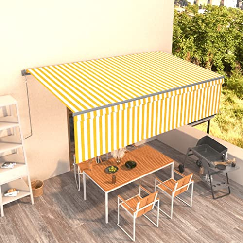 Qnhdfrt Automatisch Einziehbar Markise mit Volant 5x3 m Gelb Weiß Sonnenschutz für Terrasse Balkon Garten Außenbereich mit Fernbedienung und Kurbel