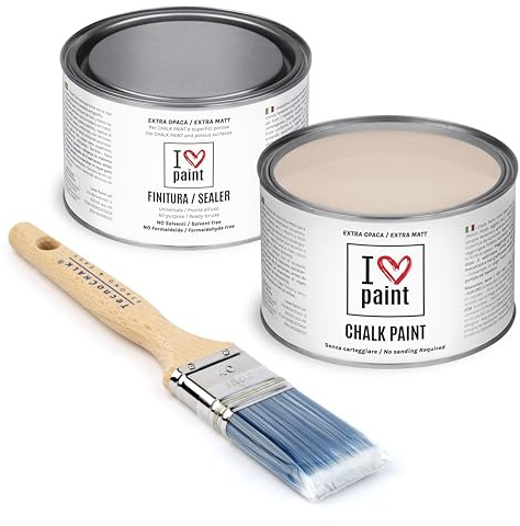 I Love Chalk Paint – Kit Completo Vernice, Finitura e Pennello - Pittura Senza Carteggiare – Colore Rosa Antico (375ml Chalk Paint + 375ml Finitura + Pennello 40mm)