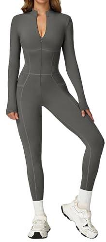 Ecupper Damen Workout Jumpsuit Langarm Ski suit Einteiler | Damen Jumpsuit langarm mit Reißverschluss, Seitentaschen, Optisch schlank machende - formende Kurven, für Sport & Alltag