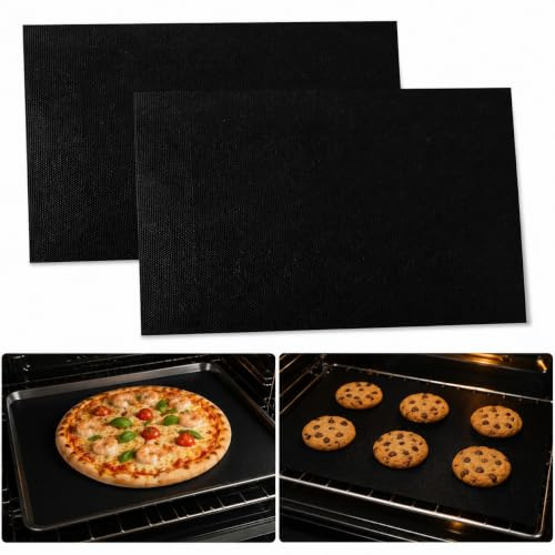 2 Piezas Protector Horno, 40 x 60 cm Alfombrilla para Horno de Teflón | Negro Revestimiento de Horno, Resistentes, Antiadherentes y Reutilizables, para Hornos Eléctricos, Estufas de Gas