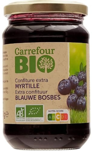 CARREFOUR BIO Confiture Extra Myrtille Bio - Pot en Verre 360 g - Préparée avec 55 g de Fruits pour 100 g - Sans Colorants ni Conservateurs - Agriculture Biologique - Lot de 4