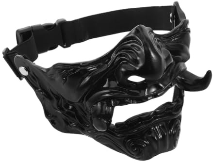 PERSELOSO Masque Réglable Noir en Hannya Oni Japonerie Résine Demi-visage Sangle Halloween Effrayant pour Événements à Thème et Accessoires Photo