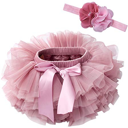 De feuilles Toddler Baby Girls Tutu Skirt with Diaper Cover Tulle Layered Bloomers and Headband Set (Pink B, 1-2 Years)
