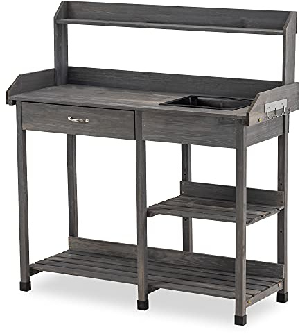 MCombo Potting Bench, Outdoor Garden Potting Table with Dry Sink, Drawer, Storage Shelves, Natural Wooden Work Station for Patio, Backyard and Porch 0458 (Grey)