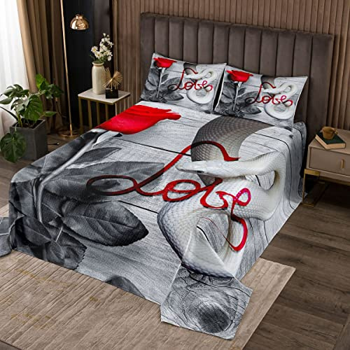 feelingyou Weiße Schlange Bettdecke 220x240cm,Red Rose Flowers Blumen Bett/Sofabezug 3 Stück für Mädchen Teens,Reptile Animal Board Steppdecke Set mit 2 Kissenbezügen,Weiches Polyester