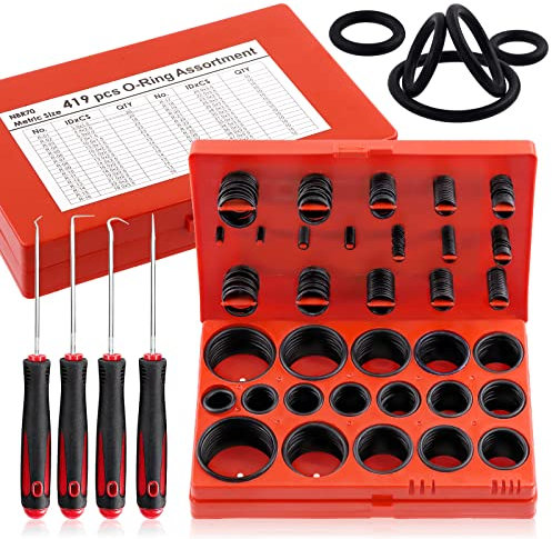 Glarks 423-teiliges metrisches O-Ring-Sortiment-Set in 32 Größen, inkl. 419-teiligem Nitrilkautschuk-NBR-O-Ring und 4-teiligem Plektrum und Haken für Sanitär-Reparatur