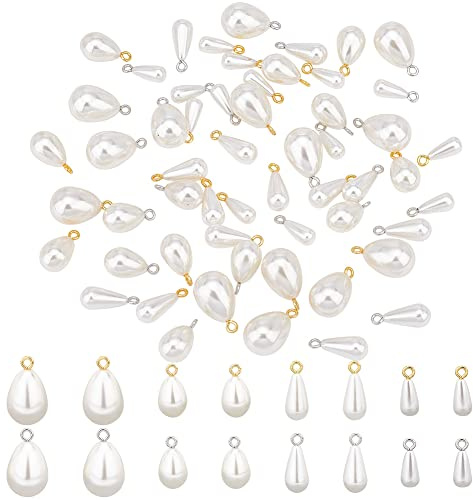PandaHall 64 st tårformade pärlhängen, 4 storlekar imitationspärlberlocker med öglor, vit droppe, hantverk, pärlhängen för dinglande örhängen, halsband, armband, smyckestillverkning
