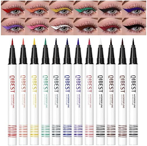 12 Pcs Coloured Eyeliner Set, Long Lasting Waterproof Rainbow Colour Eyeliner Pen, Highly Pigmented Smudge-proof Colourful Eye Liners, Black, White, Dark Brown, Navy Blue
