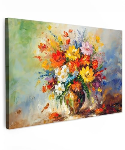 MuchoWow© Leinwände Groß 120x80 cm XXL Wall Decoration Bilder Schlafzimmer Deko Pictures Canvas Painting Wanddekoration Wohnzimmer Kunstdruck - Blumen - Bunt - Ölfarbe - Blumentopf