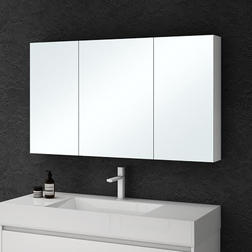 doporro Spiegelschrank Wandschrank Spiegel matt weiß 120x70cm 3 Türen | Modernes Design Hängeschrank Aufbewahrungsschrank für Badezimmer mit verstellbarem Regalbrett Spiegelschrank 02