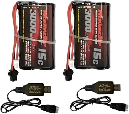 RoaringTop 7,4 V 3000mAh Lithium-Ionen-Batterie mit SM 2P-Stecker für ferngesteuerte RC-Boote, inklusive Zwei USB-Ladern