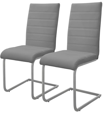 ML-Design Set de 2 Sillas de Comedor, Tapizadas de PU Imitación de Cuero Gris, Respaldo Alto, Asiento Diseño Cantilever para Comedor, Salón o Cocina, Silla Ergonómica con Estructura Metálica Plateada