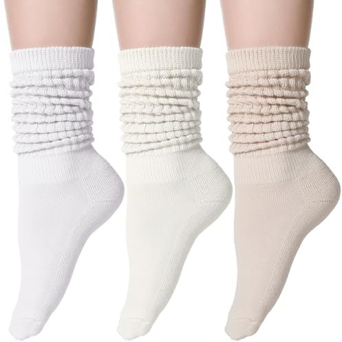 Geyoga 3 Paar Slouch Socken Scrunch Baumwolle Strick Stiefel Weiche Lange Winter Gestapelte Socken für Frauen, Beige, Weiß, Khaki, 37-40.5 EU