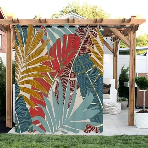 Outdoor Vorhang Wetterfest mit Ösen Blickdicht Outdoor Gardine Wasserdicht Sonnenschutz Sichtschutz Outdoor Vorhäng für Balkon Terrasse Pavillon Garten 1 Stück, B 150 x H 166 cm, Bunte Blätter