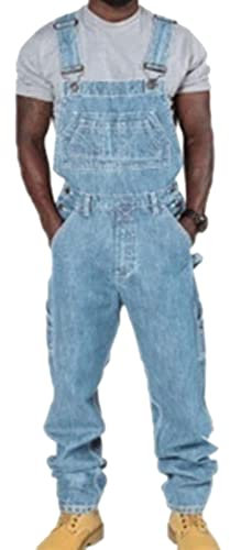 ORANDESIGNE Herren Denim Latzhose Overalls Männer Cargo Jeanshose Retro Jumpsuit Arbeitshose Loose Fit Latzanzug C Hellblau XLH