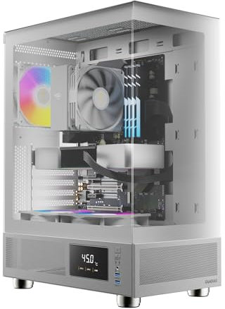 GAMDIAS ATLAS E1 WH Gaming ATX Mid Tower Computer PC Case, Customized Monitor w/Software, 3 x 120mm ARGB Fans(2 Reverse), Panoramic Tempered Glass Display, Perforated Airflow Vent PSU Chamber, White