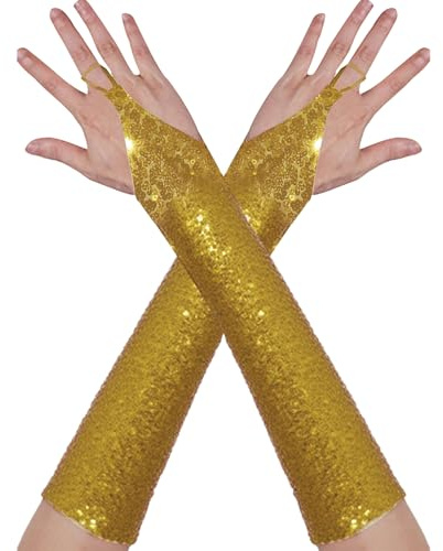 ranrann Damen Fingerlose Handschuhe Pailletten Glitzer Handstulpen Ellbogen Lang mit Schlaufe Fasching Karneval Silvester Kostüm Zubehör Gold One Size