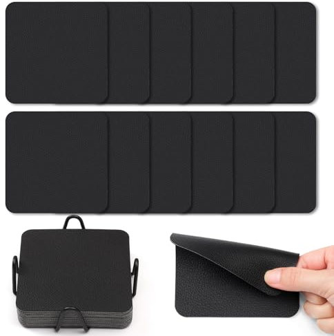 Myir JUN Lot de 12 dessous de verre carrés en verre - 10 cm - Double face - Imperméables - Antidérapants - Avec supports pour dessous de verre - Noir