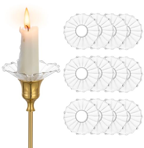 Glass Candle Drip Protectors for Candlesticks: Hewory 12 pcs Bobeches Wax Catcher for Candle Sticks - Clear Ribbed Curved Candle Rings for Candles Church Wedding Centrepiece