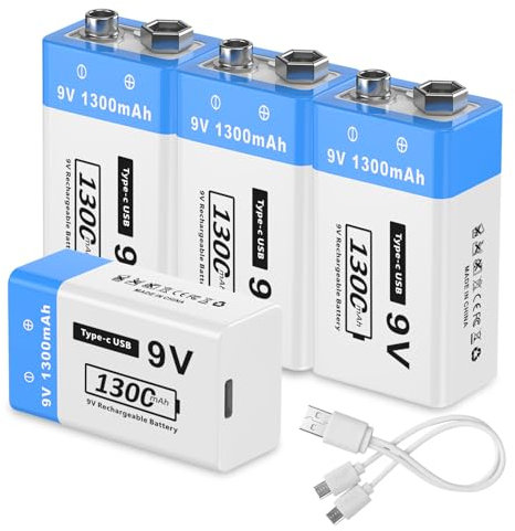 9V wiederaufladbare Lithium-Batterien, 1300mAh 6F22-Batterien mit hoher Kapazität für Rauchmelder, Metalldetektoren, Mikrofone und mehr（4 Pack ）
