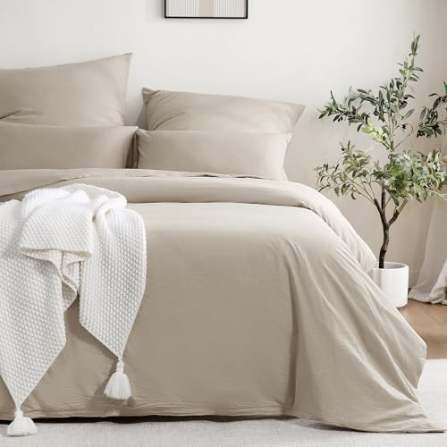 ATsense Juego de ropa de cama de algodón 200x200, 3 piezas, conjunto de ropa de cama stonewashed beige similar al lino, Oeko-TEX, hipoalergénico y transpirable, 1 funda de edredón y 2 fundas de