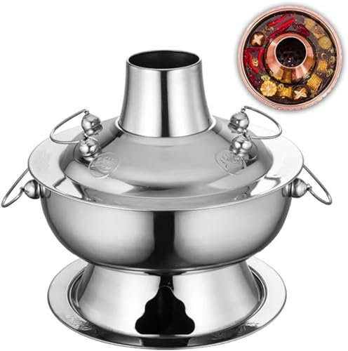 BOGAZY Vintage Hot Pot Vintage Hot Pot With Chimney Stainless Steel Hot Pot Cooker Chinese Kitchen Cooking Cookware Shabu Cooker(Silver,28cm)