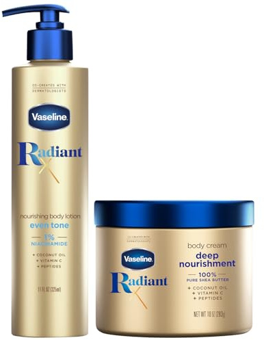 Vaseline Radiant X Skin Care Set – Even Tone Nourishing Body Lotion with 1% Niacinamide + Deep Nourishment Body Cream with Shea Butter & Vitamin C (2 Piece Set)