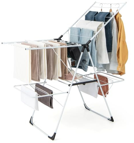 GOPLUS Tendedero de Ropa Plegable de 2 Niveles, Secador de Ropa de Metal con Alas Ajustables, 33 Barras, Clips para Calcetines, Barras Lateralmente Onduladas, Tendedero Portátil para Interior Exterior