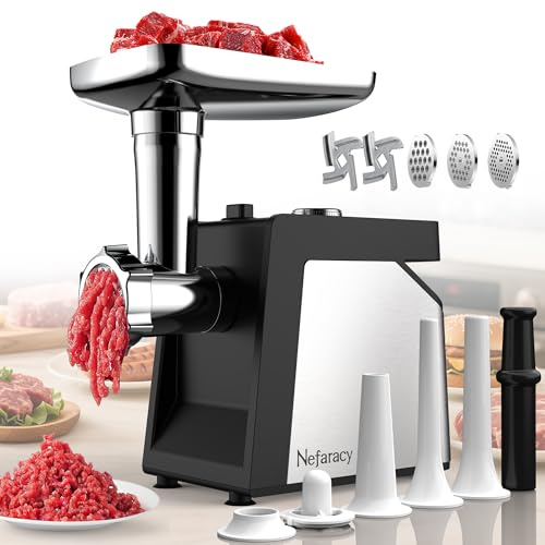 Electric Meat Grinder with Handle, 2600W Max Meat Grinder for Home Kitchen Use, Stainless Steel Heavy Duty Meat Mincer Machine with 2 Blades, 3 Plates, Sausage Stuffer Tubes & Kubbe Kit, Nefaracy
