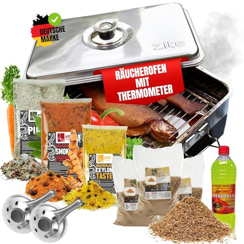 Zite Räucherofen Edelstahl XXL Set mit Zubehör [Tischräucherofen mit Thermometer & Brennpaste] Sofort Einsatzbereit | Fisch-Räucherofen I auch für Fleisch etc. | Räuchermehl & Verschiedene Räucherlake