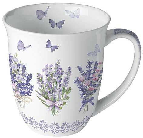 Ambiente Tasse en porcelaine d'environ 400 ml Tasse en porcelaine pour thé ou café Printemps été Floral Lovely Lavande blanche