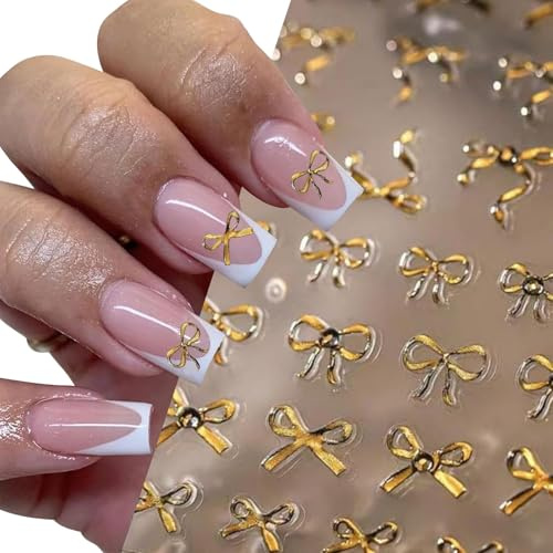 BelleVive 5D-geprägte Nagelaufkleber für Nagelkunst, Schleife, Nagelkunstaufkleber, goldene Nagelabziehbilder, selbstklebende Nagelabziehbilder, Strass-Nagelkunst-Design, Manikürezubehör
