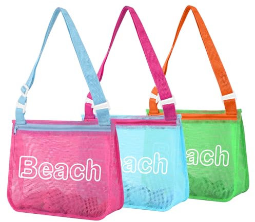 3Pcs Kids Letter Beach Shell Bag, Seashell Mesh Zipper Beach Pouch, Shell Collecting Bag for Holding Shells with Adjustable Straps, Sand Toys Pool Swimming Accessories Gift for Girl Boy Teens(beach)