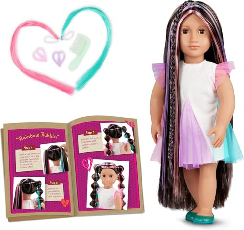 Our Generation Tina Hair-Grow-Puppe mit verlängerbarem Zopf | 46 cm Frisierpuppe mit dunkelbraunen Augen, die sich öffnen und schließen, Tina, Frisierpuppe mit Regenbogenhaar, 3+ Jahre