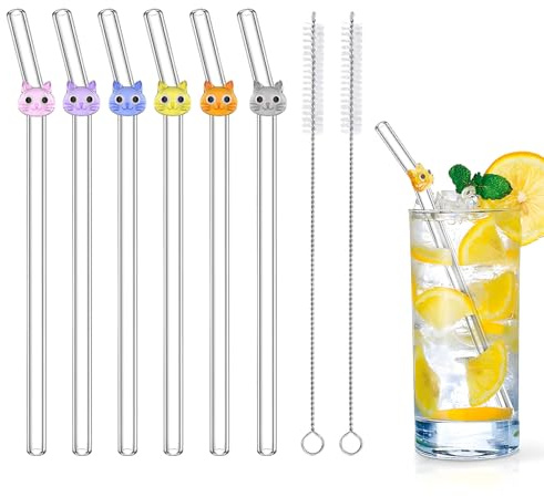 6 Stück Glasstrohhalme Mit Kätzchen-Charm | Glasstrohhalme lang mit 2 Reinigungsbürsten, Bunte Strohhalme Glas, für Kaffeeliebhaber, Saft, Sommerfest (Bunte Kätzchen)