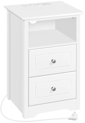 Yaheetech Mesita de Noche con Estación de Carga Juego de 2 Tomas AC y 2 Puertos USB 2 Mesa Auxiliar con 3 Cajones para Dormitorio Salón