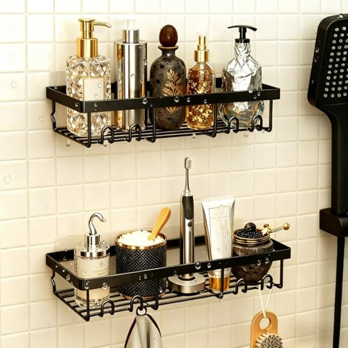 LINKINNO 2 Pièces Etagere Douche sans Percage, Support Etagere Rangement Organisation avec Crochets Accessoire Salle de Bain pour Gel et Shampooing pour la Salle Bain Cuisine (Noir)