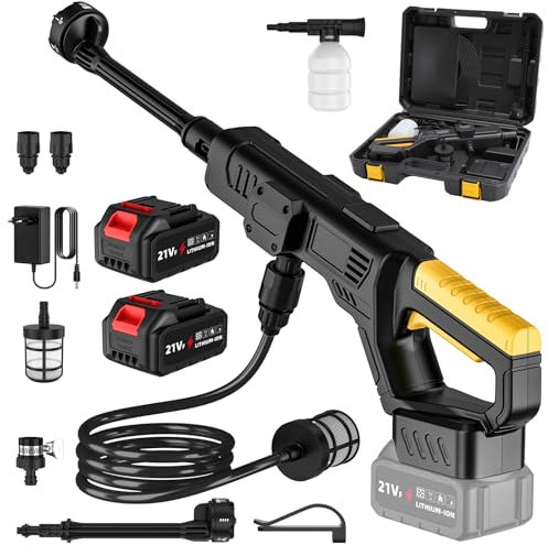 Idropulitrice a Batteria, Max 50Bar Idropulitrice Portatile con 2 x 3.0 Ah Batterie, Ugello 6-in-1, Motore in rame Puro 300W, Tubo 5m, Max 50 Bar, per Auto, Biciclette, Giardino, Barche